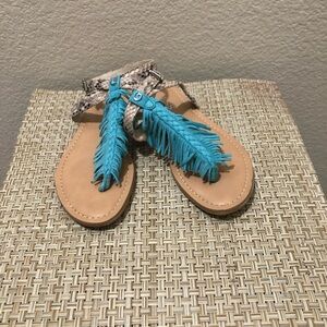 Guess Turquoise and Tan Fringe Sandals